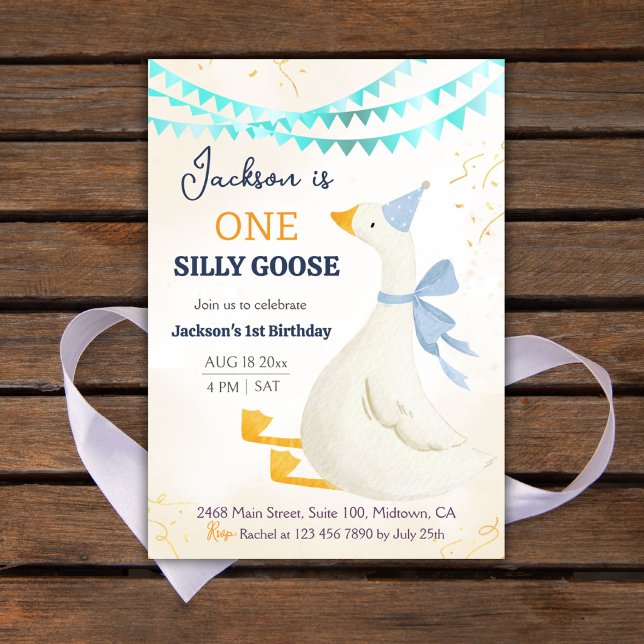 One silly goose 1st birthday blue cool cute boy inbjudningar (Skapare uppladdad)