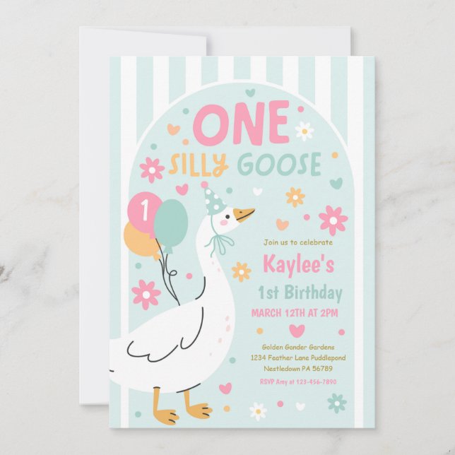 One Silly Goose 1st Birthday Party Spring Birthday Inbjudningar (Framsida)