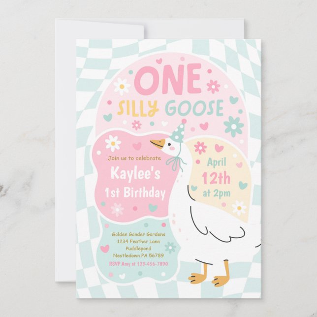 One Silly Goose 1st Birthday Party Spring Birthday Inbjudningar (Framsida)