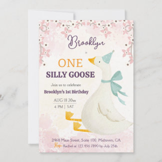 One silly goose 1st birthday pink floral girl cute inbjudningar