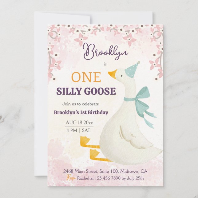 One silly goose 1st birthday pink floral girl cute inbjudningar (Framsida)
