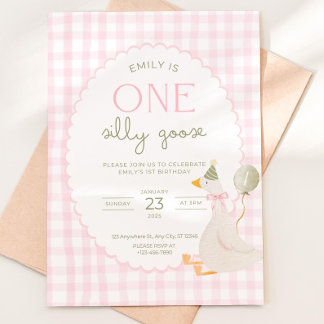 One Silly Goose Birthday Invite Pink Gingham First Inbjudningar