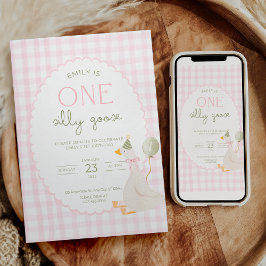 One Silly Goose Birthday Invite Pink Gingham Inbjudningar