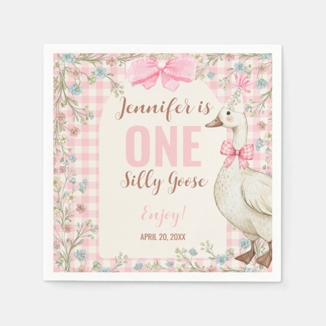 One Silly Goose Birthday Pink Gingham  Pappersservett (Framsidan)
