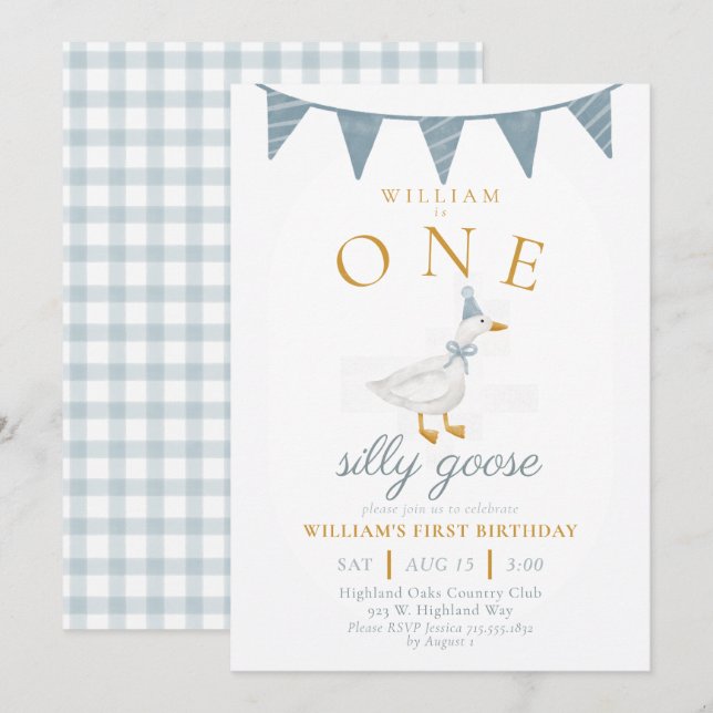 ONE Silly Goose Blå Gingham Pojke Första Födelseda Inbjudningar (Fram/baksida)