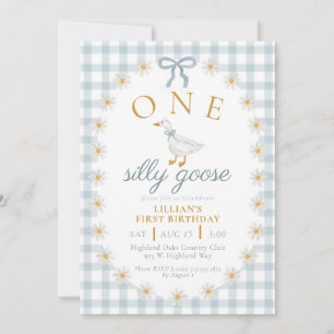 ONE Silly Goose Blå Gingham Tusenskönas Första Föd Inbjudningar