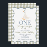 One Silly Goose blue and green Inbjudningar<br><div class="desc">One silly goose! first birthday with goose,  dusty blue wavy rectangle frame and sage green text.</div>