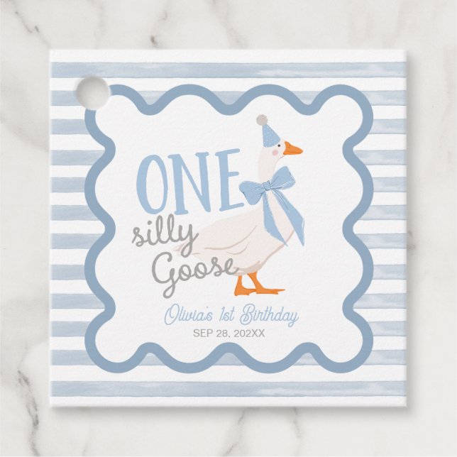 One Silly Goose Blue Bow 1st Birthday Gåvor Etiketter (Framsida)