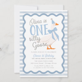 One Silly Goose Blue Bow 1st Birthday Inbjudningar
