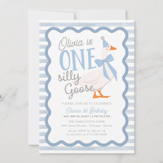 One Silly Goose Blue Bow 1st Birthday Inbjudningar (Framsida)