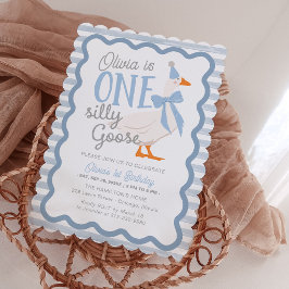 One Silly Goose Blue Bow 1st Birthday Inbjudningar
