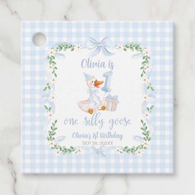 One Silly Goose Blue Bow Floral 1st Birthday Gåvor Etiketter (Framsida)
