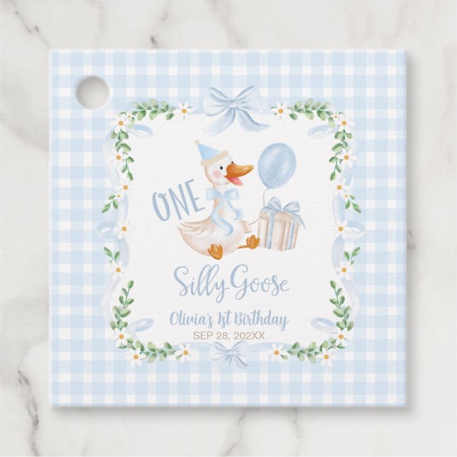 One Silly Goose Blue Bow Floral 1st Birthday Gåvor Etiketter (Framsida)