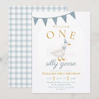 ONE Silly Goose Blue Gingham Boy First Birthday  Inbjudningar