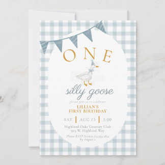 ONE Silly Goose Blue Gingham Daisy First Birthday Inbjudningar