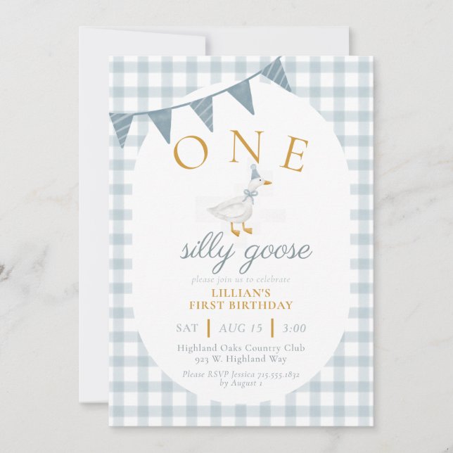 ONE Silly Goose Blue Gingham Daisy First Birthday Inbjudningar (Framsida)