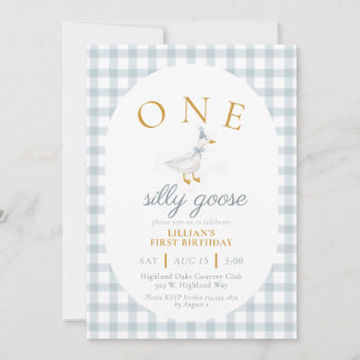 ONE Silly Goose Blue Gingham Daisy First Birthday Inbjudningar