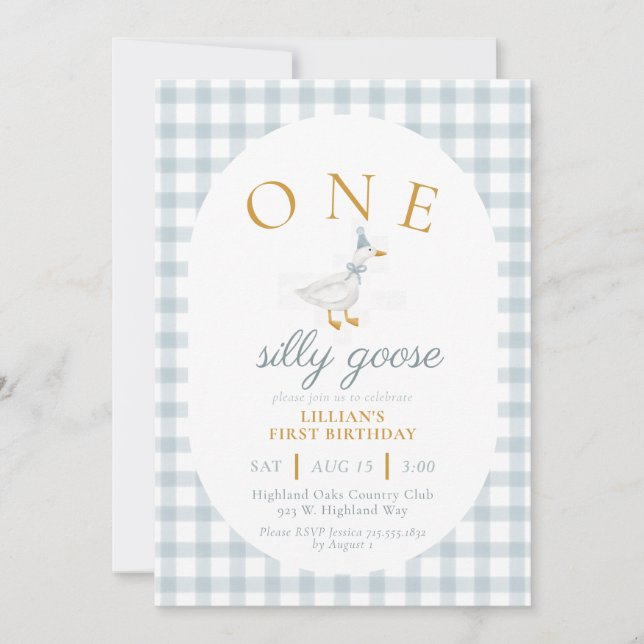 ONE Silly Goose Blue Gingham Daisy First Birthday Inbjudningar (Framsida)