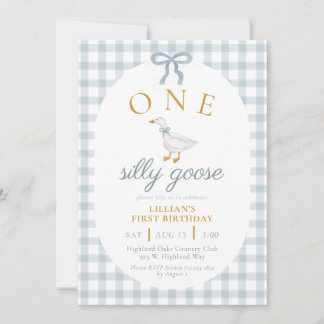 ONE Silly Goose Blue Gingham Daisy First Birthday Inbjudningar