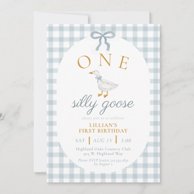 ONE Silly Goose Blue Gingham Daisy First Birthday Inbjudningar (Framsida)