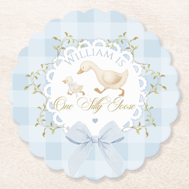 One Silly Goose Blue Goingham Whimsical Birthday Underlägg Papper (Framsida)