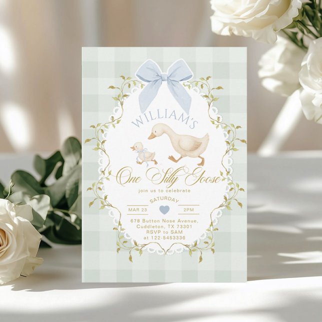 One Silly Goose Boy Gingham 1st Birthday Inbjudningar (Skapare uppladdad)