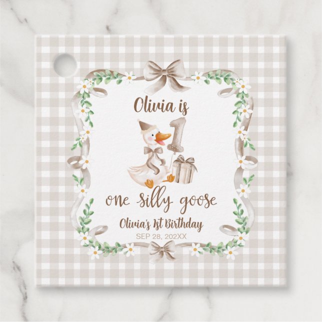 One Silly Goose Brown Bow 1st Birthday Gåvor Etiketter (Framsida)