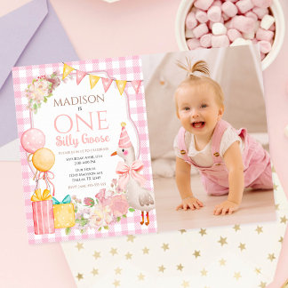 One Silly Goose Coquette Rosa Bow 1-årsdag Inbjudningar