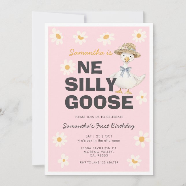 One Silly Goose Daisy Birthday Party Invitation Inbjudningar (Framsida)