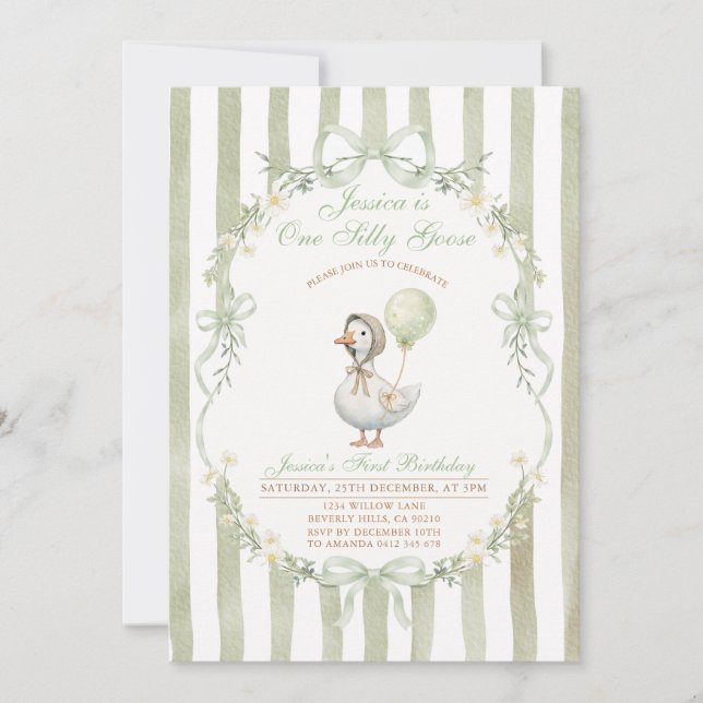 One Silly Goose First Birthday Green Invitation Inbjudningar (Framsida)