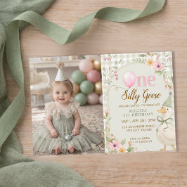One Silly Goose Gingham Floral Girl 1st Birthday  Inbjudningar