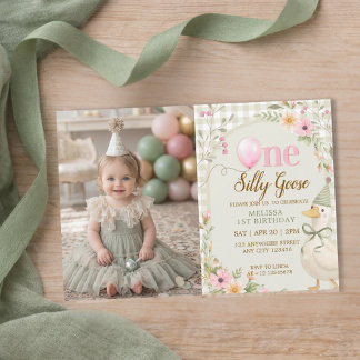 One Silly Goose Gingham Floral Girl 1st Birthday  Inbjudningar