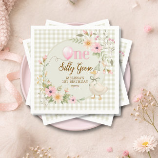 One Silly Goose Gingham Pink Flora Birthday Party  Pappersservett