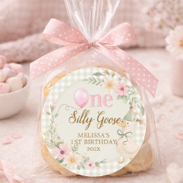 One Silly Goose Gingham Pink Flora Birthday Party  Runt Klistermärke