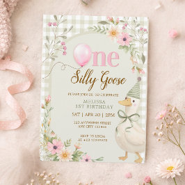 One Silly Goose Gingham Pink Floral 1st Birthday Inbjudningar