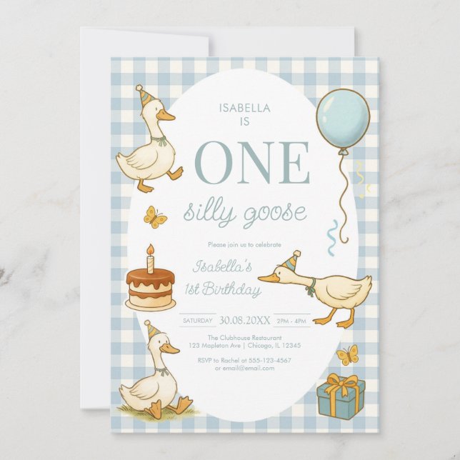 One Silly Goose Girl 1st Birthday Party Invitation Inbjudningar (Framsida)
