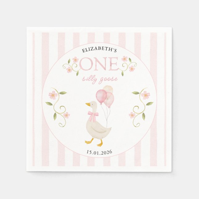One Silly Goose Girl 1st Birthday Pink Pappersservett (Framsidan)
