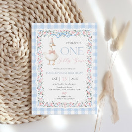 One Silly Goose Girls 1st Birthday Blue Gingham Inbjudningar