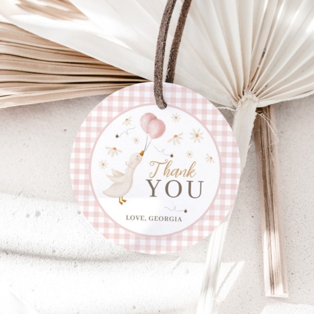 One Silly Goose Girls 1st Birthday Pink Gingham Gåvor Etiketter (Silly Goose 1st Birthday Favor Tags Girls Birthday Party)