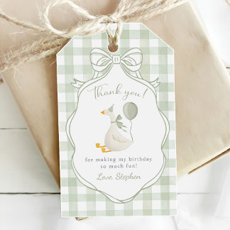 One Silly Goose Green Bow First Birthday Presentetikett