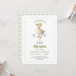 One Silly Goose Green Gingham Baby First Birthday Inbjudningar