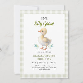One Silly Goose Green Gingham Baby First Birthday Inbjudningar