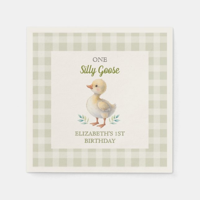 One Silly Goose Green Gingham Baby First Birthday Pappersservett (Framsidan)