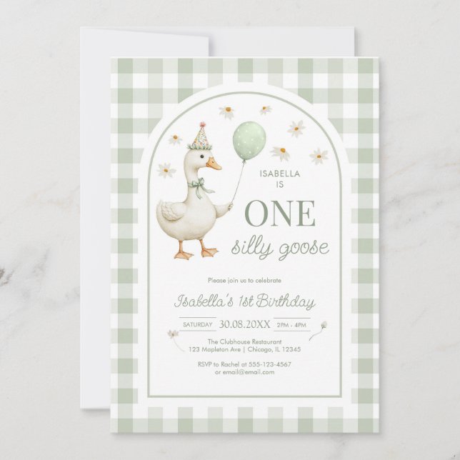 One Silly Goose Green Girl 1st Birthday Invitation Inbjudningar (Framsida)