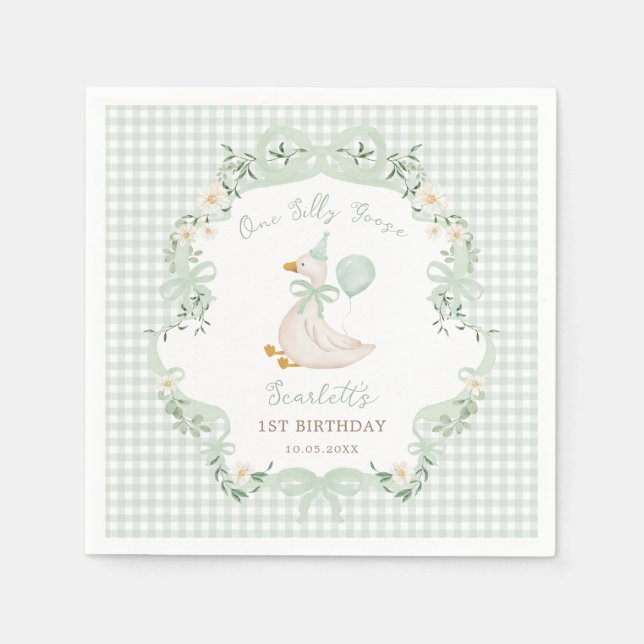 One Silly Goose Neutral Grön Båge 1-årsdag Pappersservett (Framsidan)