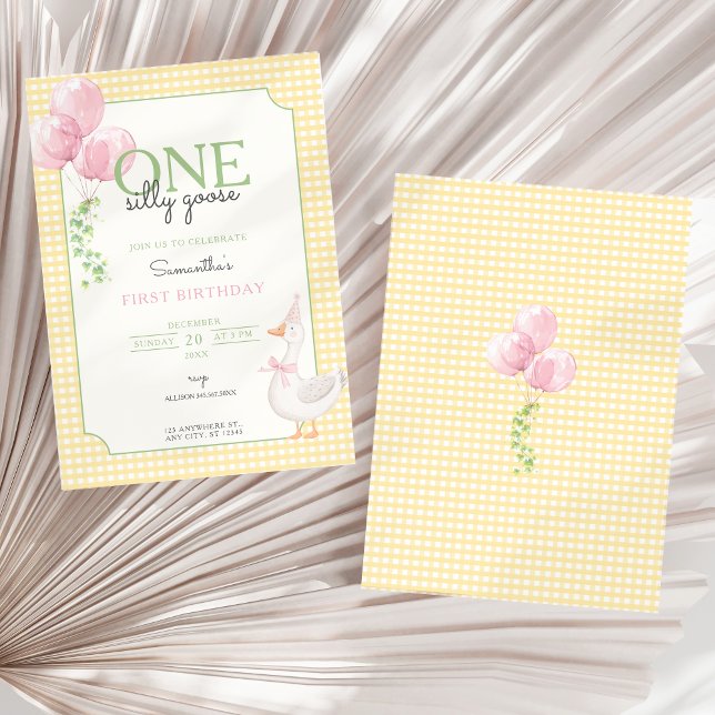 One Silly Goose Pink and Gingham 1st Birthday Inbjudningar (One Silly Goose Invitation)