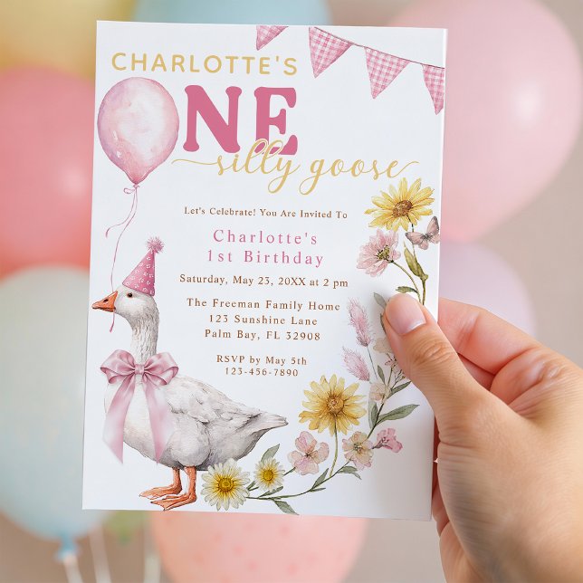 One Silly Goose Pink Bow 1st Birthday Invitation Inbjudningar (One Silly Goose 1st Birthday Invitation)