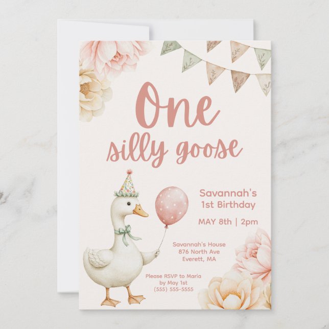 One Silly Goose Pink Floral 1st Birthday  Inbjudningar (Framsida)