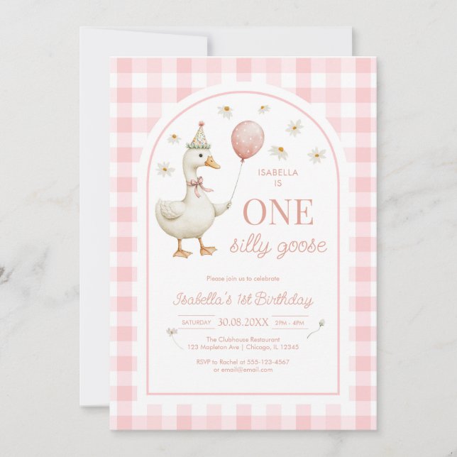 One Silly Goose Pink Girl 1st Birthday Invitation Inbjudningar (Framsida)