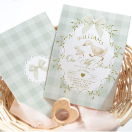 One Silly Goose Pistachio Gingham 1st Birthday Inbjudningar